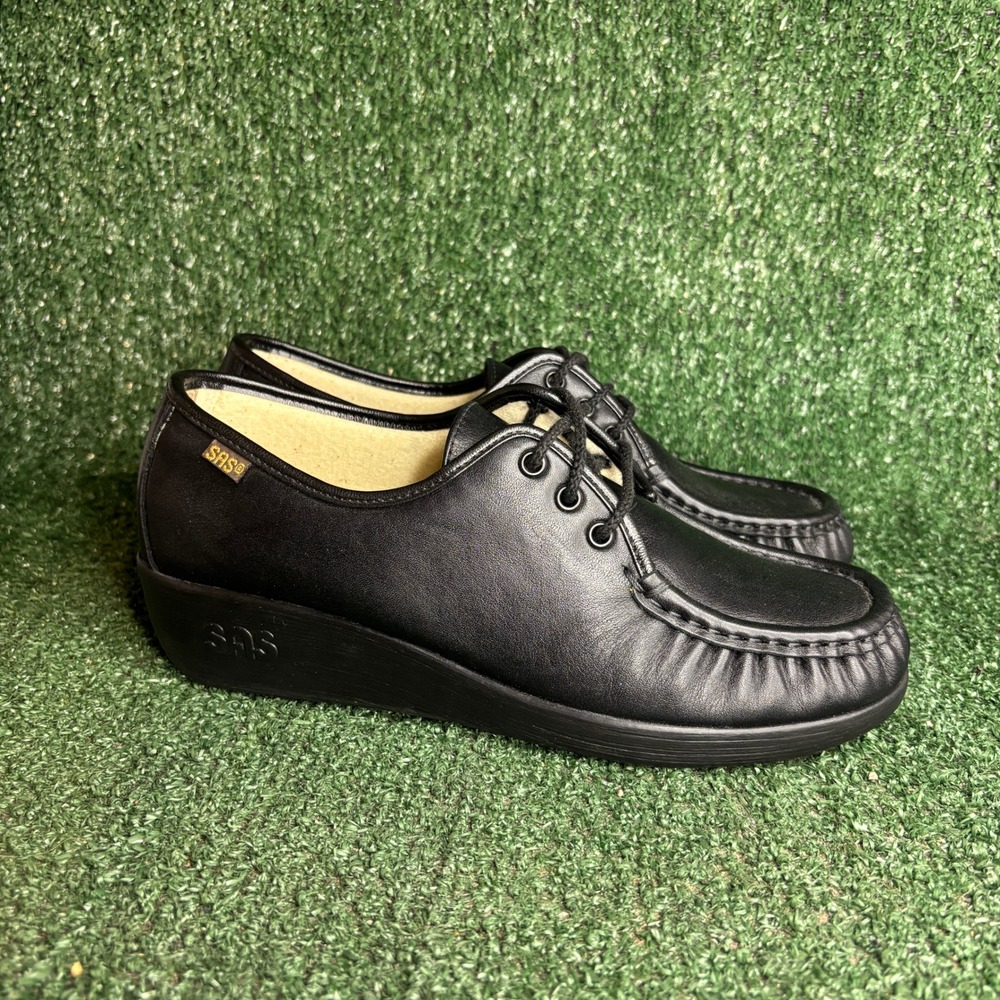 NEW SAS Siesta Lace Up Leather Comfort Walking Shoes Black Womens 9WW Extra Wide